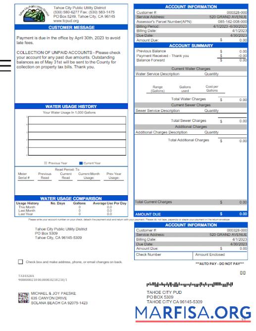 Realistic USA TAHOE CITY PUBLIC UTILITY utility bill Word and PDF template